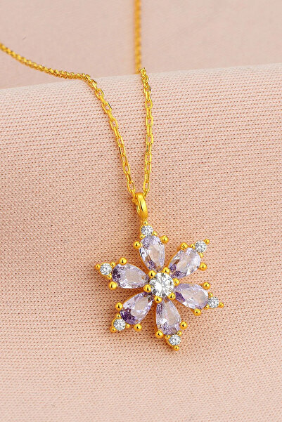 tesbihciniz Altın Renk Lila Damla Taşlı Lotus Kamelya Çiçeği Çelik Kolye