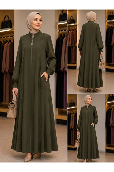 PAYİNİ 2227 Stone-Embellished Zippered Ferace with Hakim Collar Pocket and Te...