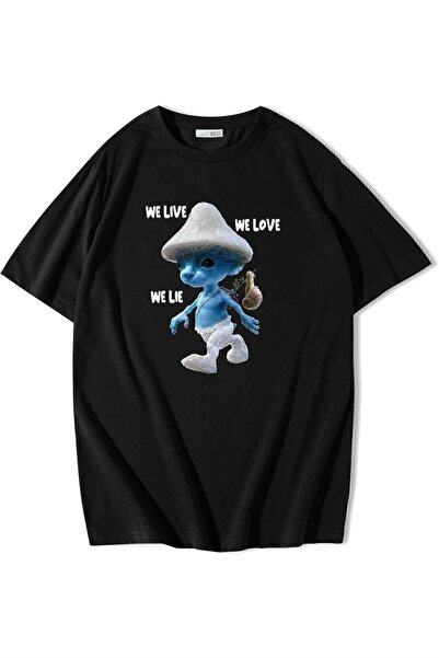 ZOKAWEAR Унисекс голяма тениска Smurf Cat We Live We Love We Lie