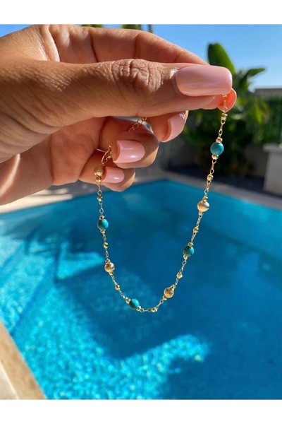 Bade Jewelry Fd Gold&Blue Ball Detailed Anti-Tarnish Steel Stylish Anklet
