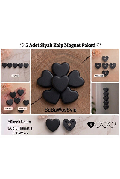 BaBaWoSs 5'li Kalpli Magnet Seti – SİYAH Fotoğraf ve Not Tutucu, Buzdolabı Sü...