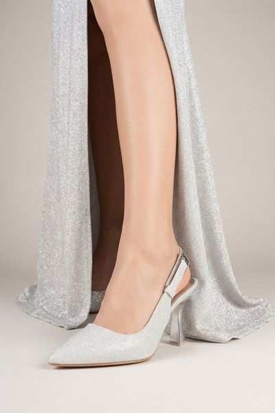 Solly Damla 17 Silver Glittery Open-Heeled Women's Shoes