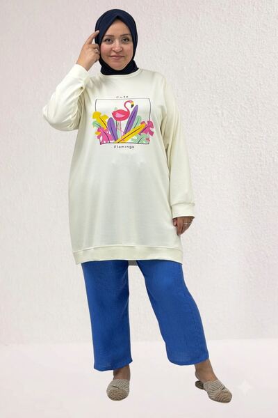 Eslina 68054 Büyük Beden Önü Baskılı Kendi Kumaşından Ribanalı Modal Tunik - ...