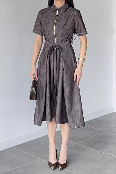 Aryena Mink Gülseli Women's Polo Collar Front Zipper Waist Tie Dress