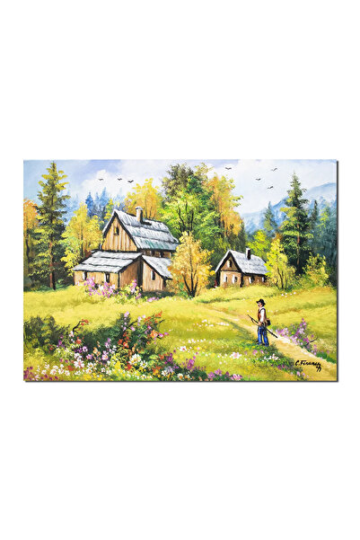 artnova Ръчно рисувана пейзажна картина, На планинска хижа, 70x50 см, маслени...