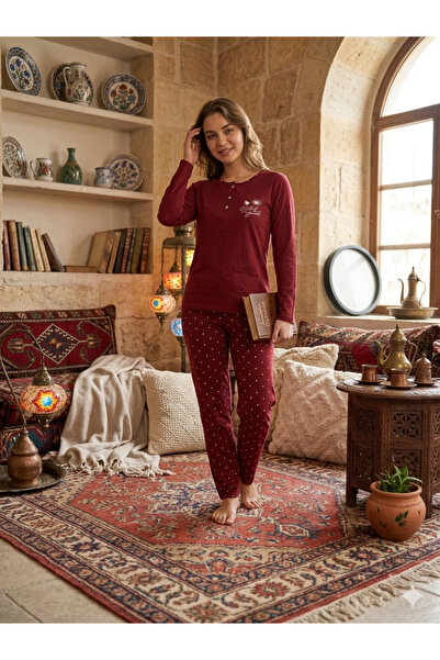 KAPİTEX Long Sleeve Half Placket Buttoned Polka Dot Burgundy Color Pajama Set