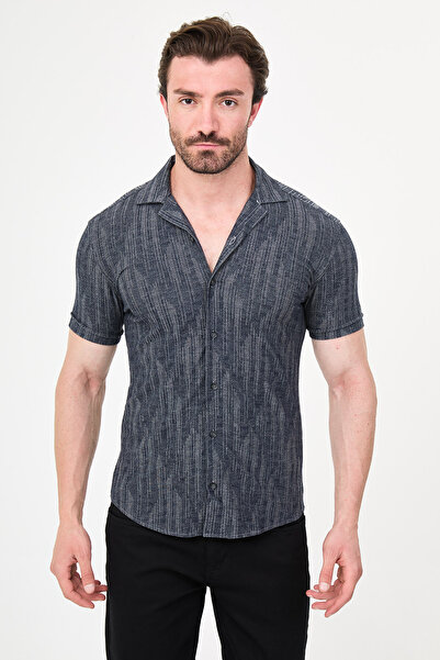 Mcr Patterned Slim Fit Short Sleeve Lapel Collar Men's Shirt Navy Blue - 3757...