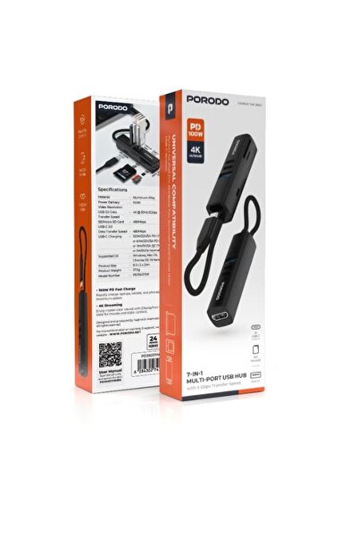 porodo موزع USB متعدد المنافذ 7 في 1 (أسود)