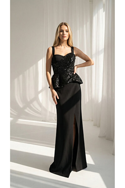 holie dress KADIN PAYET İŞLEMELİ ASKILI YIRTMAÇLI UZUN ABİYE ELBİSE