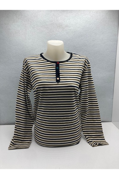 LÜKS MİRAYDA Women's Crew Neck Striped Colorful Button Detailed Long Sleeve C...