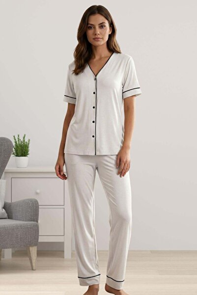 by İGP Ecru Cotton Fabric Front Buttoned Short Sleeve Relaxed Fit Pajama Set