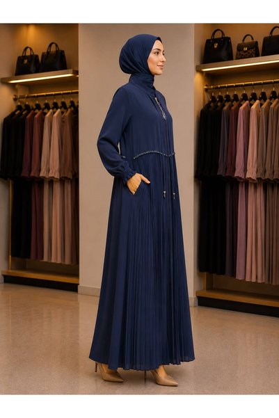 PAYİNİ 2194 Pilelized Zippered Ferace with Stone Details and Pockets