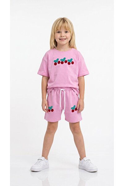 WİKİBOOM Cherry Embroidered Shorts and Top Summer Girls' Set