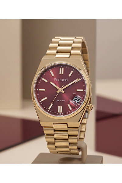 Ferrucci Milano 34 mm Küçük Kasa Unisex Kol Saati Gold Renkli Bordo Kadran Ta...