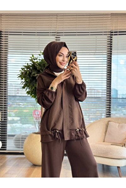 ALANURMODA 22850 بدلة بسحّاب أمامي على شكل مثلث باللون البني