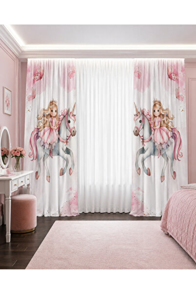 HOMESSA Prenses Kız ve Unicorn Desenli Çift Kanatlı Fon Perde