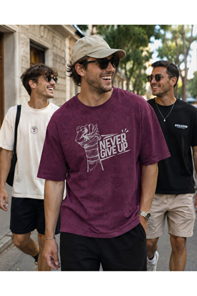 URBANTRENDSTORE Βαμβακερό μπλουζάκι με στάμπα Acid Washed, Oversize, Χαλαρή Ά...