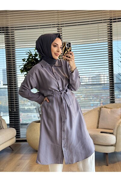 ALANURMODA 7501 Front Buttoned Belted Long Tunic Gray
