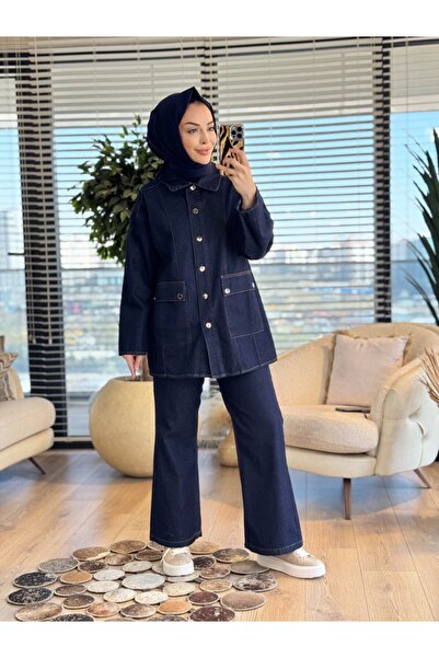 ALANURMODA 7452 Front Pocket and Stitched Denim Suit Navy Blue
