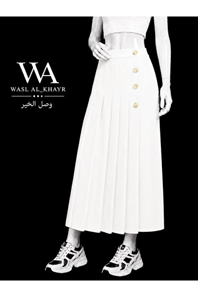 WASL ALKHAIR Women's Side Pleated Button Front Skirt - High Waist - 41cm Leng...