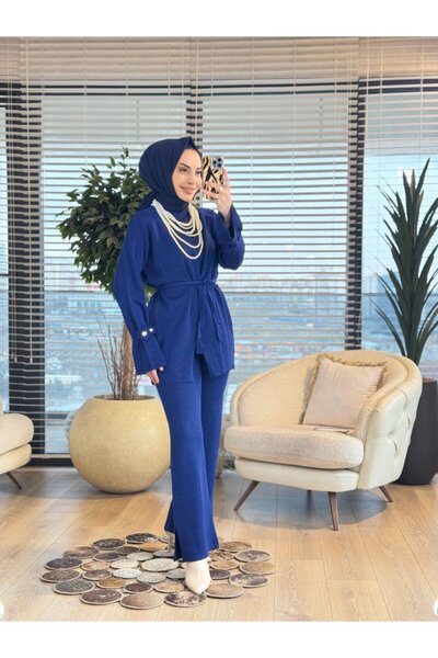 ALANURMODA 6691 طقم أكمام إسباني لامع باللون الأزرق الداكن
