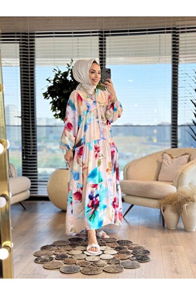 ASHILDA 25El552 Colorful Tie-Dye Pattern V-Neck Dress Beige Tile