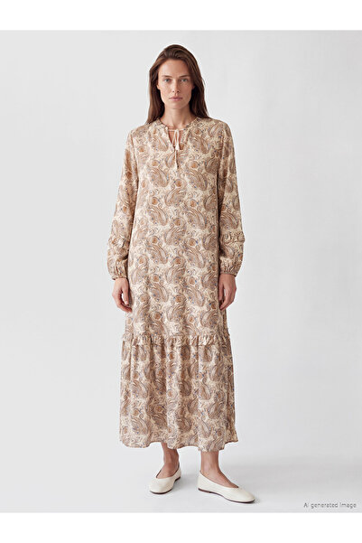 LC Waikiki Lcw Grace Beige Tie-Neck Patterned Dress