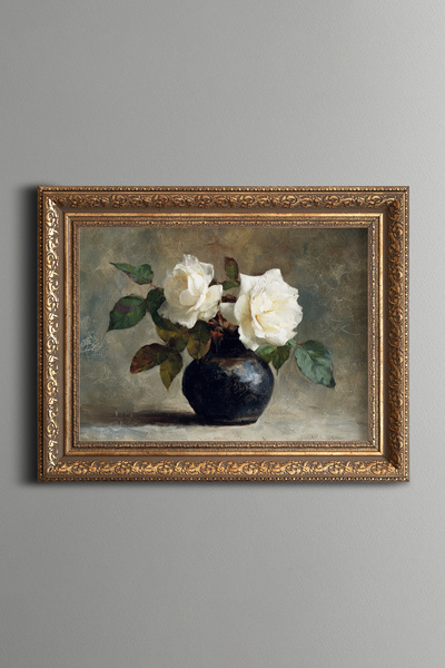 epiqart White Roses and Black Vase - Vintage Patterned Painting - Thick Model