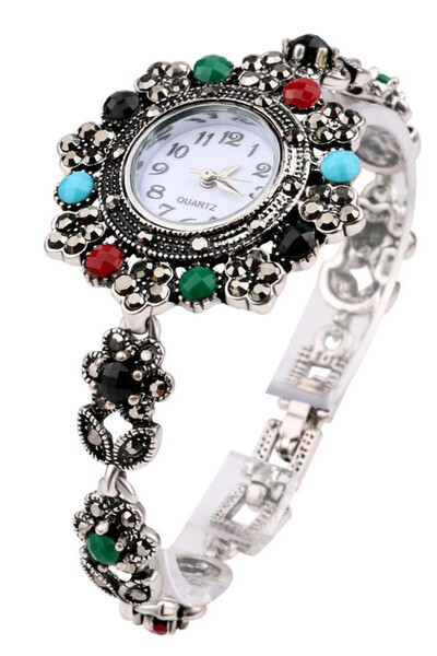 VeeShop Ceas de mana vintage de dama, cadran si curea cu flori si cristale co...