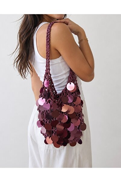 Rose Atelier Bursa Plum Sequined Knit Shoulder Bag