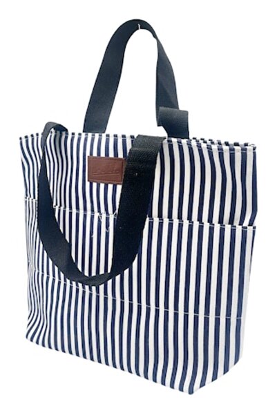 OEM Geantă din pânză MYKONOS cu dungi bleumarin, 42x32 cm