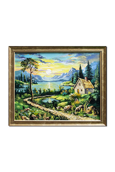 artnova Κορνιζαρισμένος, χειροποίητος πίνακας τοπίου με ηλιοβασίλεμα,  "Γωνία...