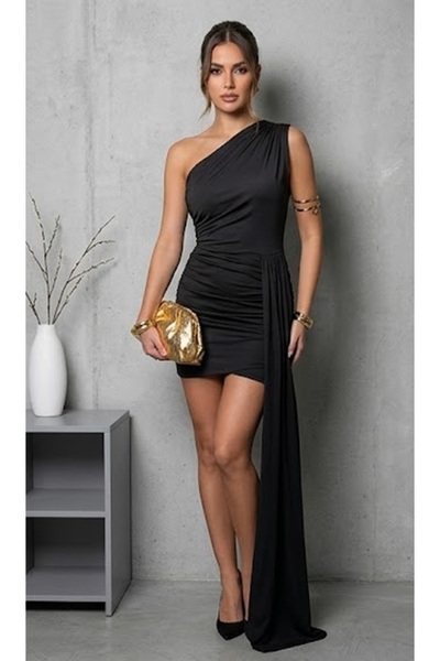 Lacis Off-Shoulder Mini Dress with Gathered Detail and Long Side Belt