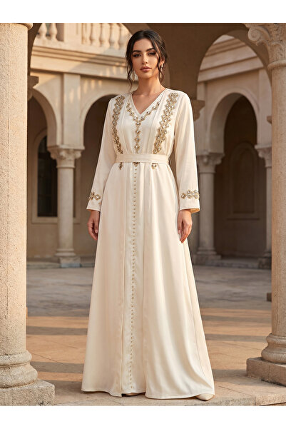 Finelook Crystal & Gold Embroidered Jalabiya with Matching Abaya Jacket | Lux...
