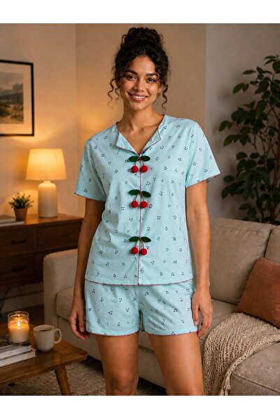 BALİS PİJAMA Cherry Shorts Set Quality Comfortable Printed Embroidered Pajama...