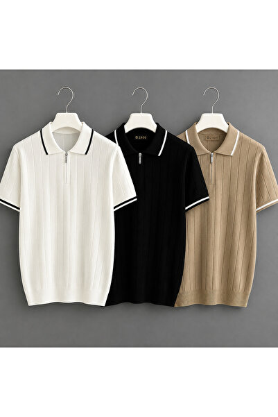 zs zaos fashion Set of 3 Men's Zippered Polywool Knitwear T-Shirts Textured P...
