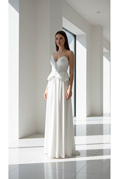 holie dress İŞLEMELİ KORSE DETAYLI KREP SATEN UZUN ABİYE ELBİSE