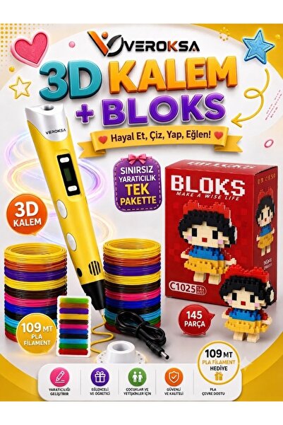 VEROKSA SARI 3D Kalem + 145 Parça Blok Seti – Hayal Et, Çiz, Yap, Eğlen!