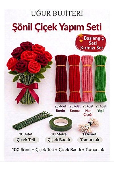 uğur bujiteri KIRMIZI 100 Adet Renkli Şönil ve Çiçek Yapım Seti (Tam Başlangı...