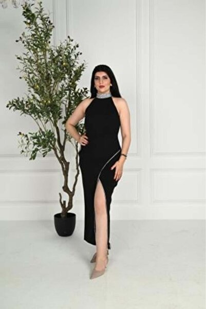 vela Black Soft Evening Dress with Studded Halter Neckline and Crystals Slant...