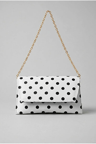 Morlex Polka Dot White Bag with Leather Look Chain Strap Women's Hand and Sho...