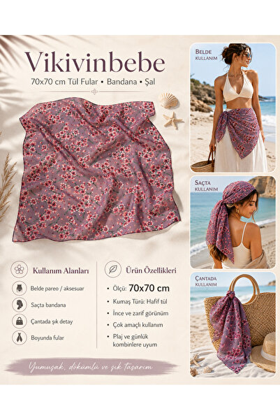 vikivin bebe Women's Lilac Floral Patterned Tulle Scarf Bandana Shawl 70X70 c...