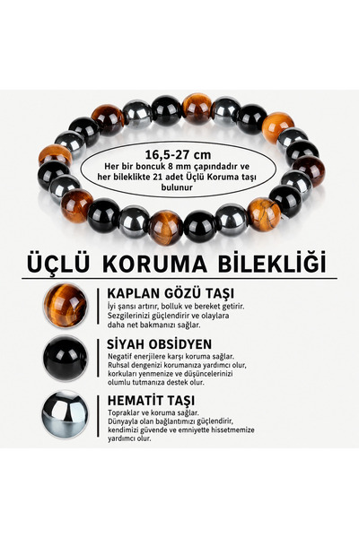 best bioenerji taş terapi Triple Protection Natural Stone Bracelet 8 mm –