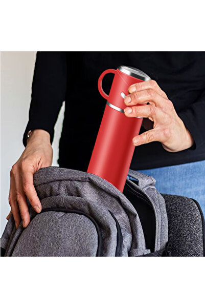 OEM Set termos din otel inoxidabil de 500 ml - Sticla termica izolata cu 3 cani - Termos etans de calatorie pentru bauturi calde si reci, durabilitate 12h, 500 ml + 3 cesti x 150ml ROSU