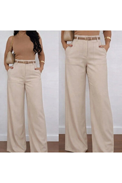 Generic Brand Women's High Waist Wide Leg Detailed Imported Crepe Trousers wi...