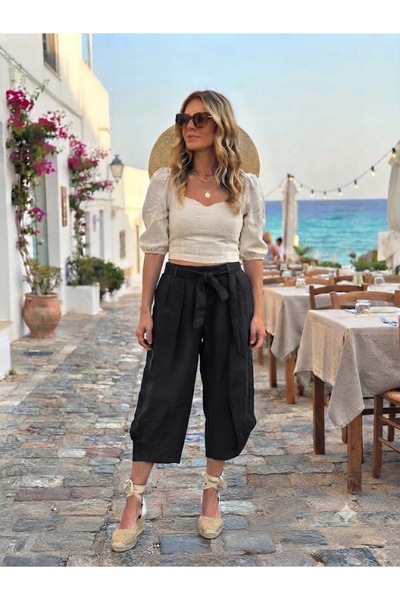 AYASOFYA OTANTIK Women's Italian Black 100% Linen Capri Trousers with Elastic...