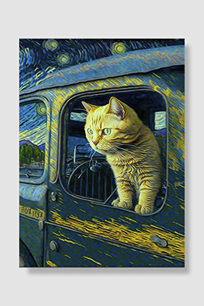 Luna Marissa Van Gogh poster, žuta mačka, starinski automobil, zvezdana noć, ...