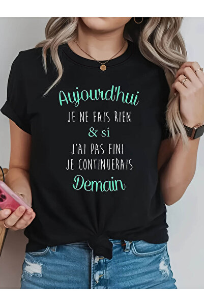 STITCHLY تي شيرت نسائي مطبوع عليه شعار French Do Nothing Today، مزين بنص مكتو...