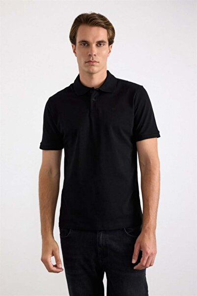 SÜVARİ Black Regular Plain Embroidered Pique Buttoned Polo Collar T-Shirt