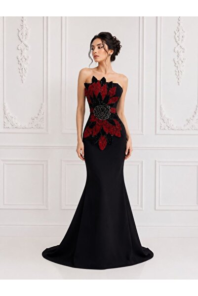 ranin Black Evening Gown with Original Crepe De Chine Fabric and Red Beaded E...
